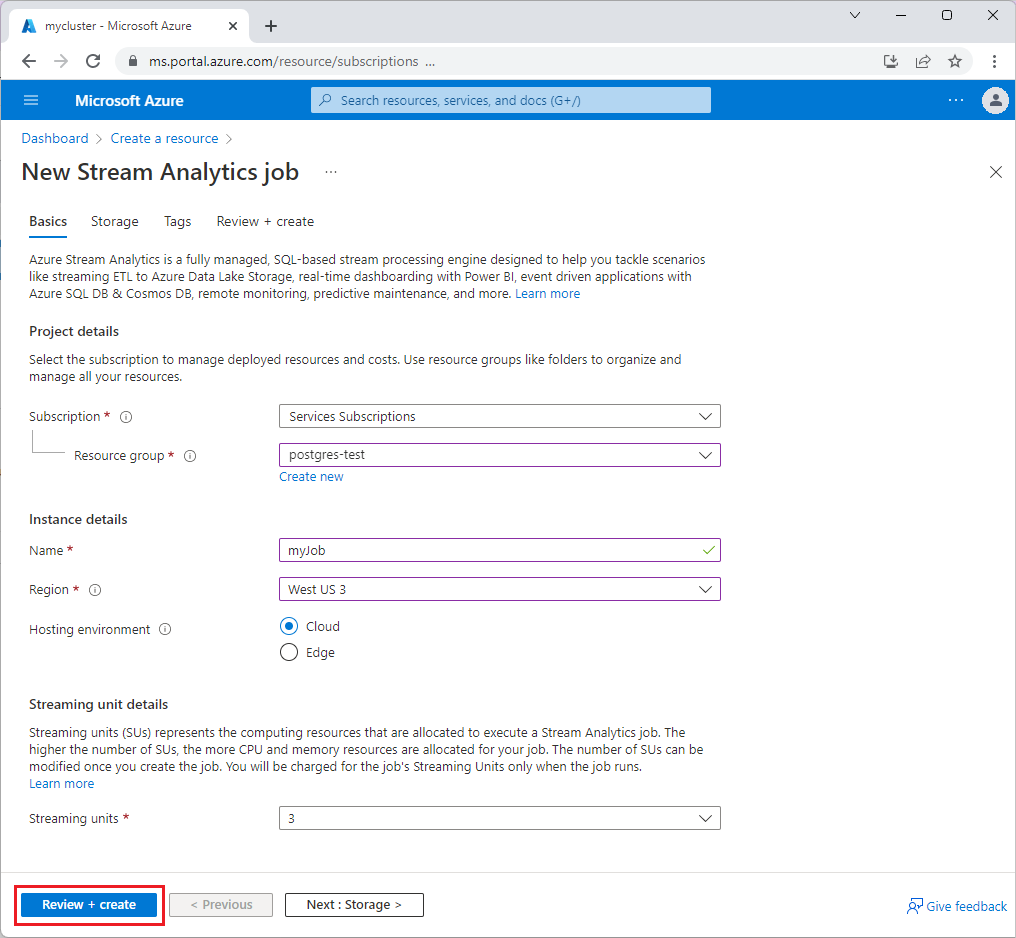 Screenshot: Formular zum Erstellen eines Stream Analytics-Auftrags