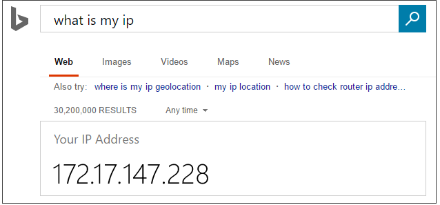 Screenshot der Bing-Suche nach „Was ist meine IP-Adresse“