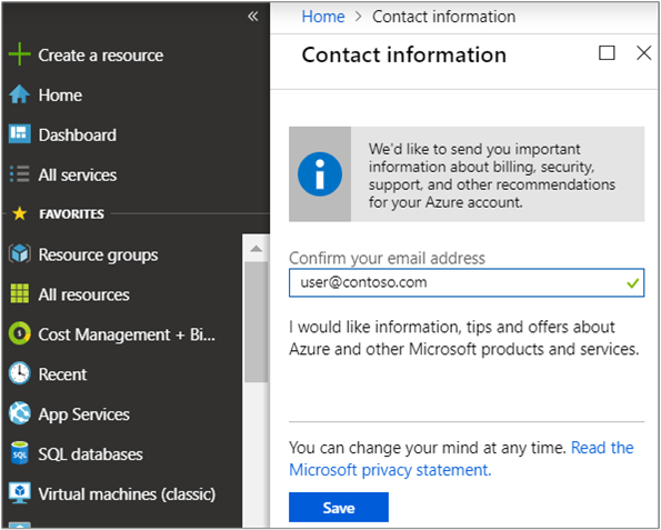 Screenshot: Beispiel für die Aktualisierung einer E-Mail-Adresse in Azure.