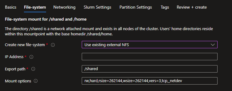 Screenshot des Dateisystem-Mounts für /shared und /home verwenden Sie den Bildschirm mit externen NFS-Optionen