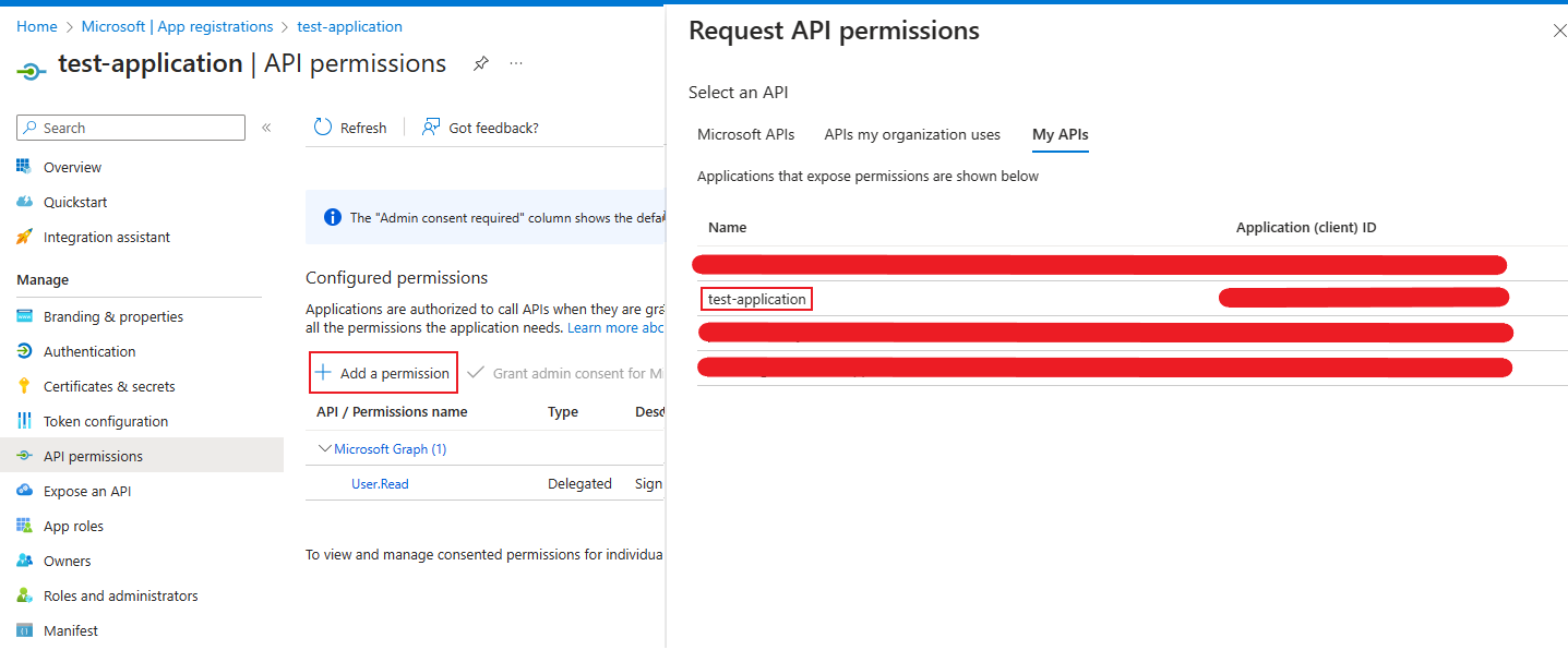 Eine Ansicht der API-Berechtigungstabelle neben dem Seitmenü zum Hinzufügen eines