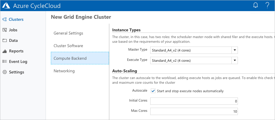 Einstellung für die automatische Skalierung für neuen Cluster