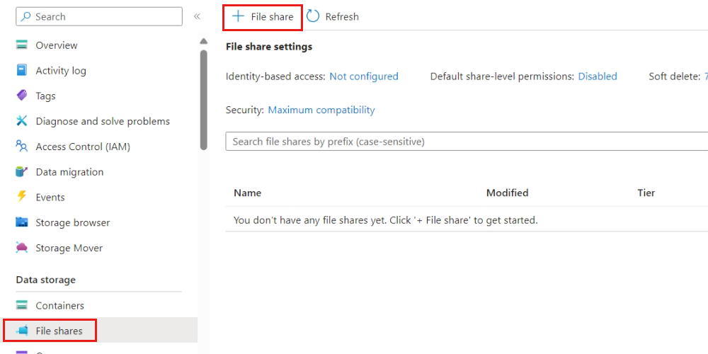 Screenshot of the **File share** resource menu and command bar options in the Azure portal.