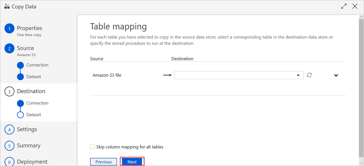 Zieldataset – Bereich „Tabellenmapping“