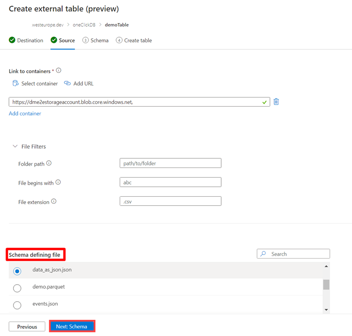 Screenshot: Erstellen einer externen Tabelle: Registerkarte „Quelle“ in Azure Data Explorer