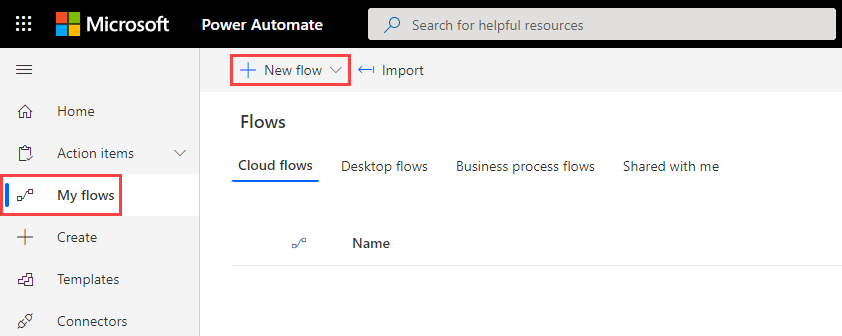 Screenshot: Power Automate-Startseite mit den hervorgehobenen Optionen „Meine Flows“ und „Neu“