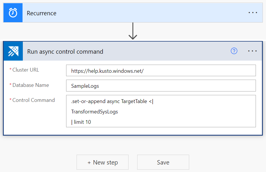 Screenshot: Azure Data Explorer-Connector mit der Aktion „Asynchronen Verwaltungsbefehl ausführen“.