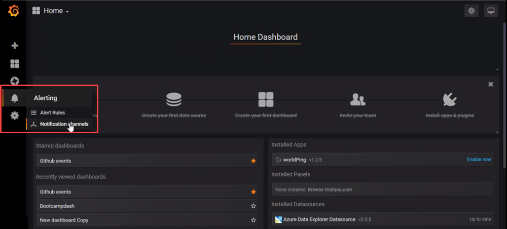 Screenshot des Dashboards mit hervorgehobener Option zum Erstellen eines Benachrichtigungskanals.