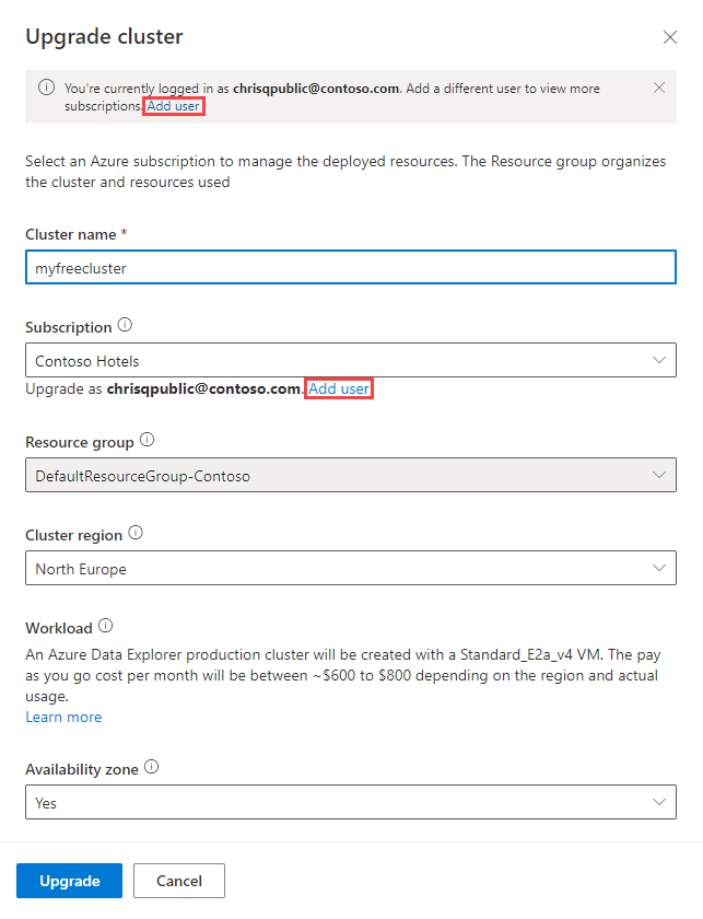 Screenshot des Bereichs „Cluster upgraden“ mit Optionen zum Hinzufügen von Benutzern.