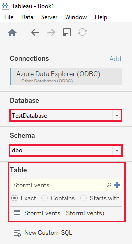 Auswählen von Datenbank und Tabelle