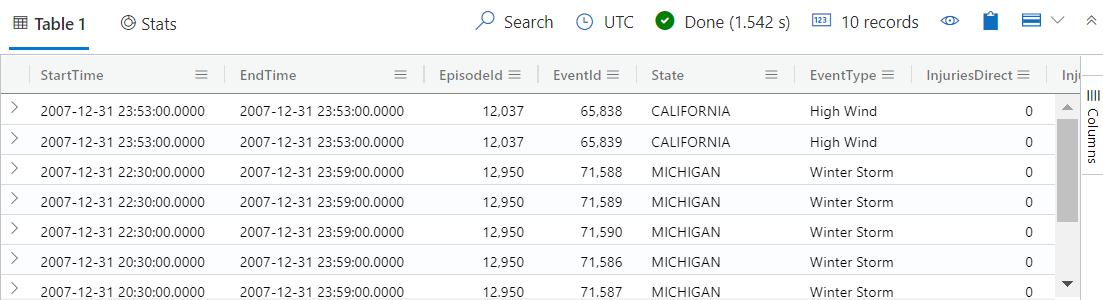 Screenshot: Tabelle mit Daten für zehn Sturmereignisse auf der Azure Data Explorer-Webbenutzeroberfläche