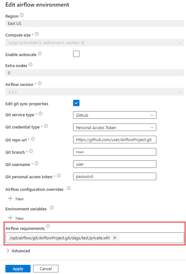 Screenshot: Abschnitt „Airflow-Anforderungen“ im Dialogfeld zum Einrichten der Airflow-Umgebung, das während der Erstellung einer Workflow Orchestration Manager Integration Runtime angezeigt wird.