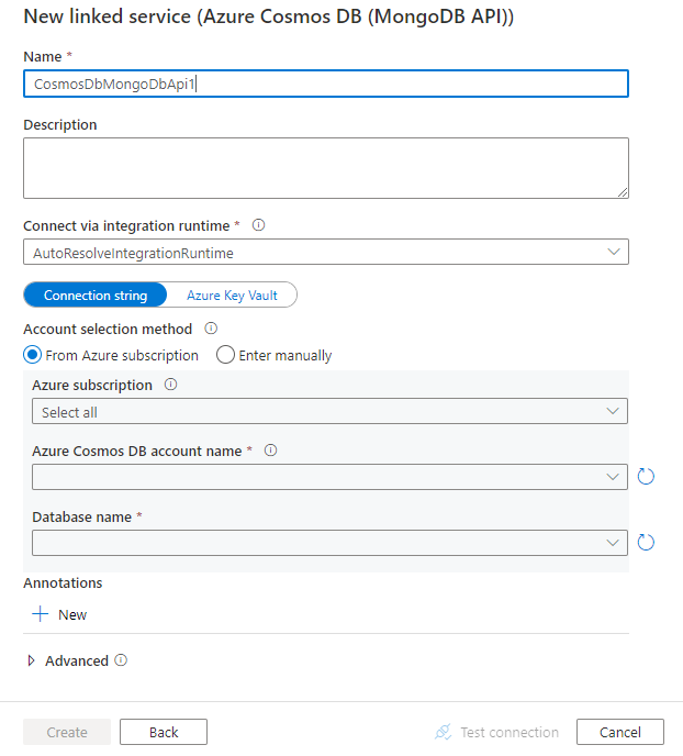 Konfigurieren eines verknüpften Diensts für Azure Cosmos DB for MongoDB.