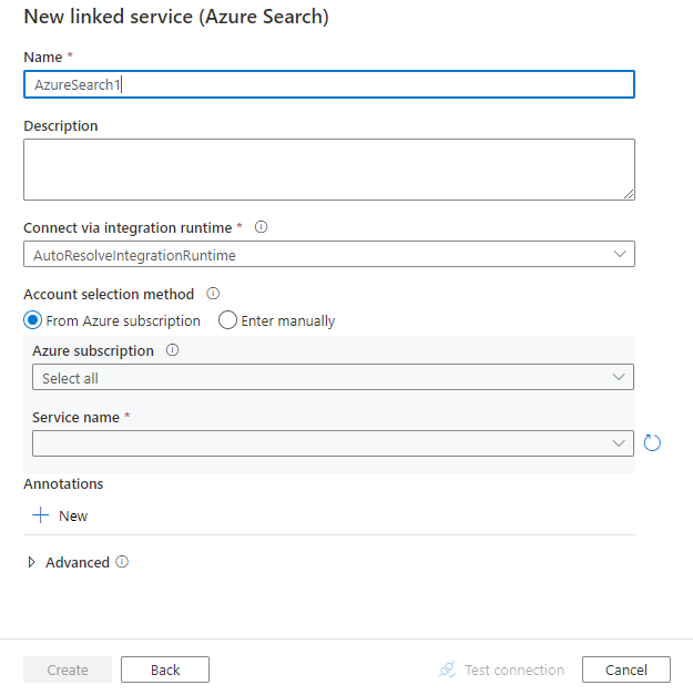 Konfigurieren Sie einen verknüpften Dienst für Azure Search.