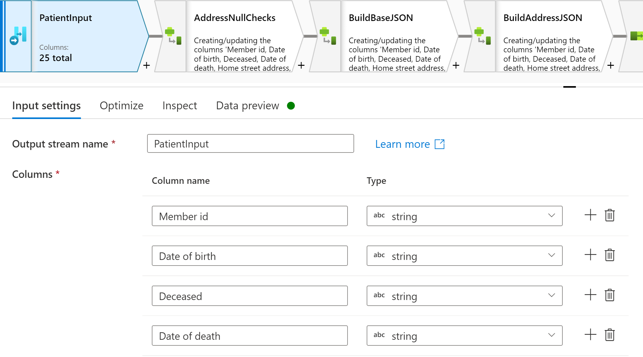 Screenshot: Eigenschaftenpanel für die Flowlet-Eingabekonfiguration