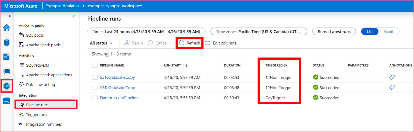 Screenshot, der die Überwachung ausgelöster Ausführungen in Synapse Analytics zeigt