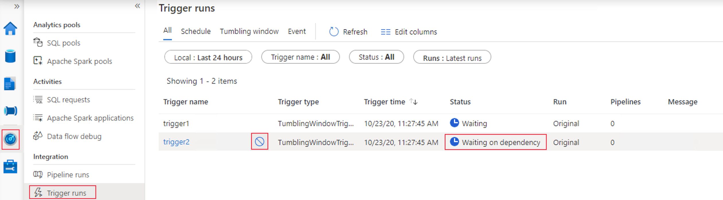 Screenshot, der das Abbrechen eines Triggers mit rollierendem Fenster über die Überwachungsseite in Azure Synapse zeigt