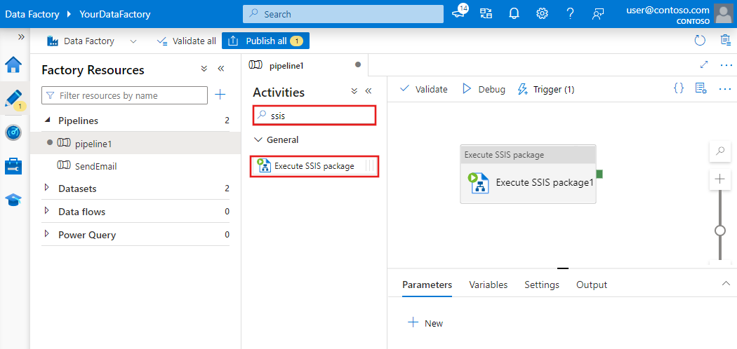 Ziehen und Ablegen der Aktivität „SSIS-Paket ausführen“ auf der Oberfläche des Designers