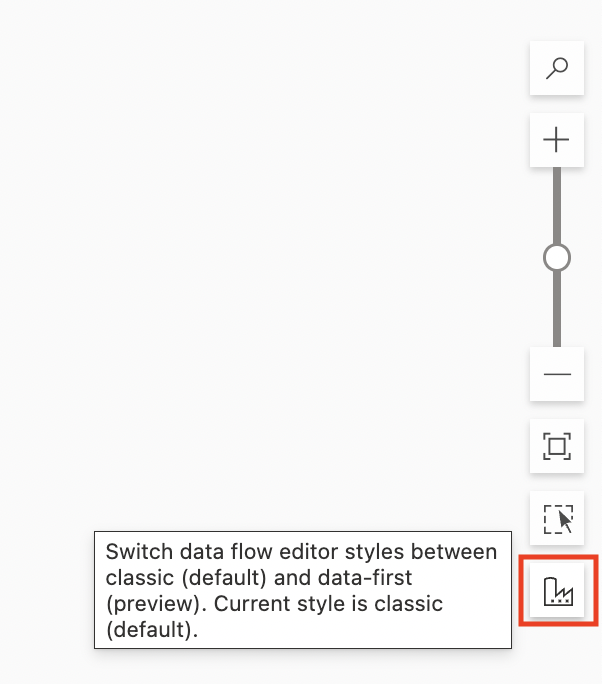 Screenshot der Optionen im Datenfluss-Canvas mit hervorgehobenen Schaltflächen zum Umschalten zwischen den Ansichten.