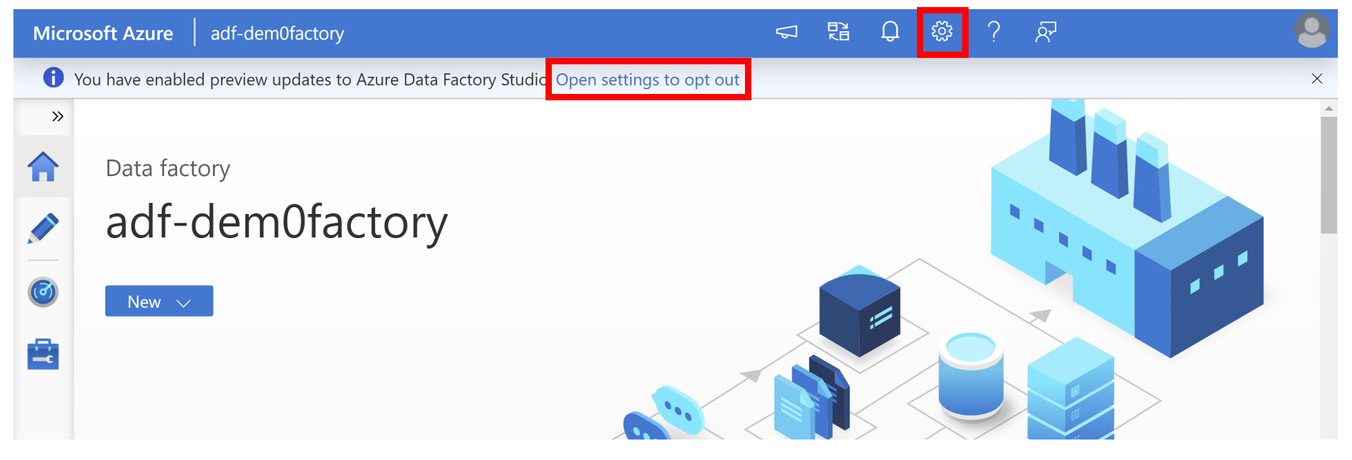 Screenshot: Azure Data Factory-Homepage mit Opt-out-Option in einem Banner im Kopf der Seite und Einstellungsrad in der rechten oberen Ecke des Bildschirms.