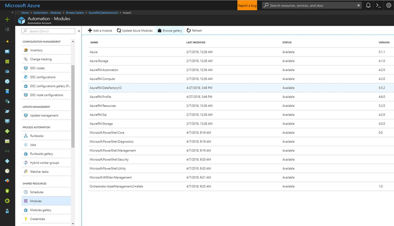 Screenshot, der zeigt, dass das „Az.DataFactory“-Modul in der Liste der Module aufgeführt wird.