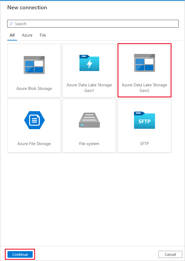 Screenshot der Seite zum Auswählen der Azure Data Lake Storage Gen2-Verbindung.