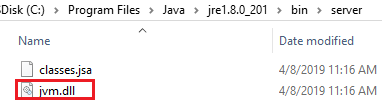 Screenshot des Speicherorts der Datei „jvm.dll“