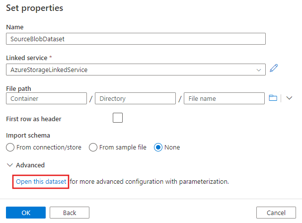 Screenshot des Datasetfensters „Eigenschaften festlegen” mit dem hervorgehobenen Link „Dieses Dataset öffnen”.