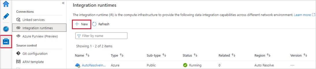 Screenshot, der das Erstellen einer neuen Azure Integration Runtime-Instanz zeigt.