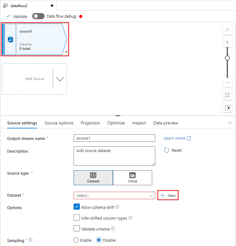 Screenshot: Hinzufügen eines neuen Quelldatasets zum Datenfluss