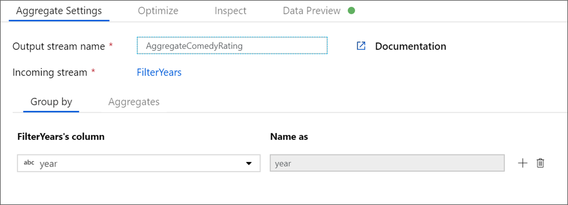 Screenshot der Option „year“ auf der Registerkarte „Gruppieren nach“ unter „Aggregateinstellungen“