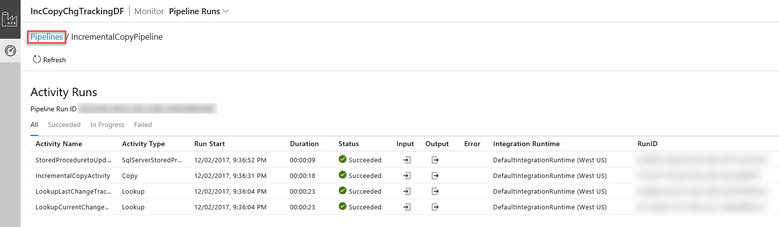 Screenshot: Pipelineausführungen für eine Data Factory, von denen mehrere als erfolgreich gekennzeichnet sind