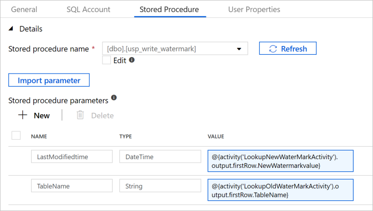 Stored Procedure-Aktivität – Einstellungen für gespeicherte Prozeduren