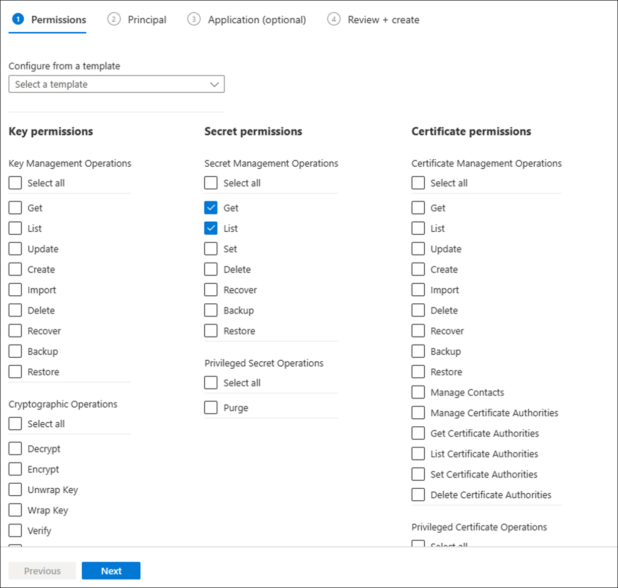 Screenshot der Auswahl von Berechtigungen.