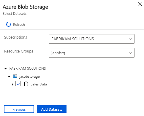 Screenshot des Bereichs „Blob Storage hinzufügen“, in dem Sie Daten auswählen können.