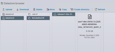 Screenshot showing two VMDK files merged into a single file within the Datastore Browser window.