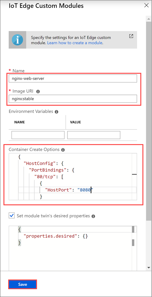 Specify port information in IoT Edge custom module blade