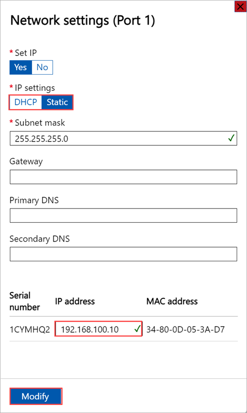 Screenshot der lokalen Webbenutzeroberfläche: „Netzwerkeinstellungen Port 1