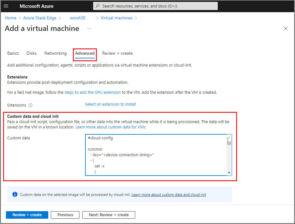 Screenshot der Registerkarte „Erweitert“ der VM-Konfiguration im Azure-Portal.