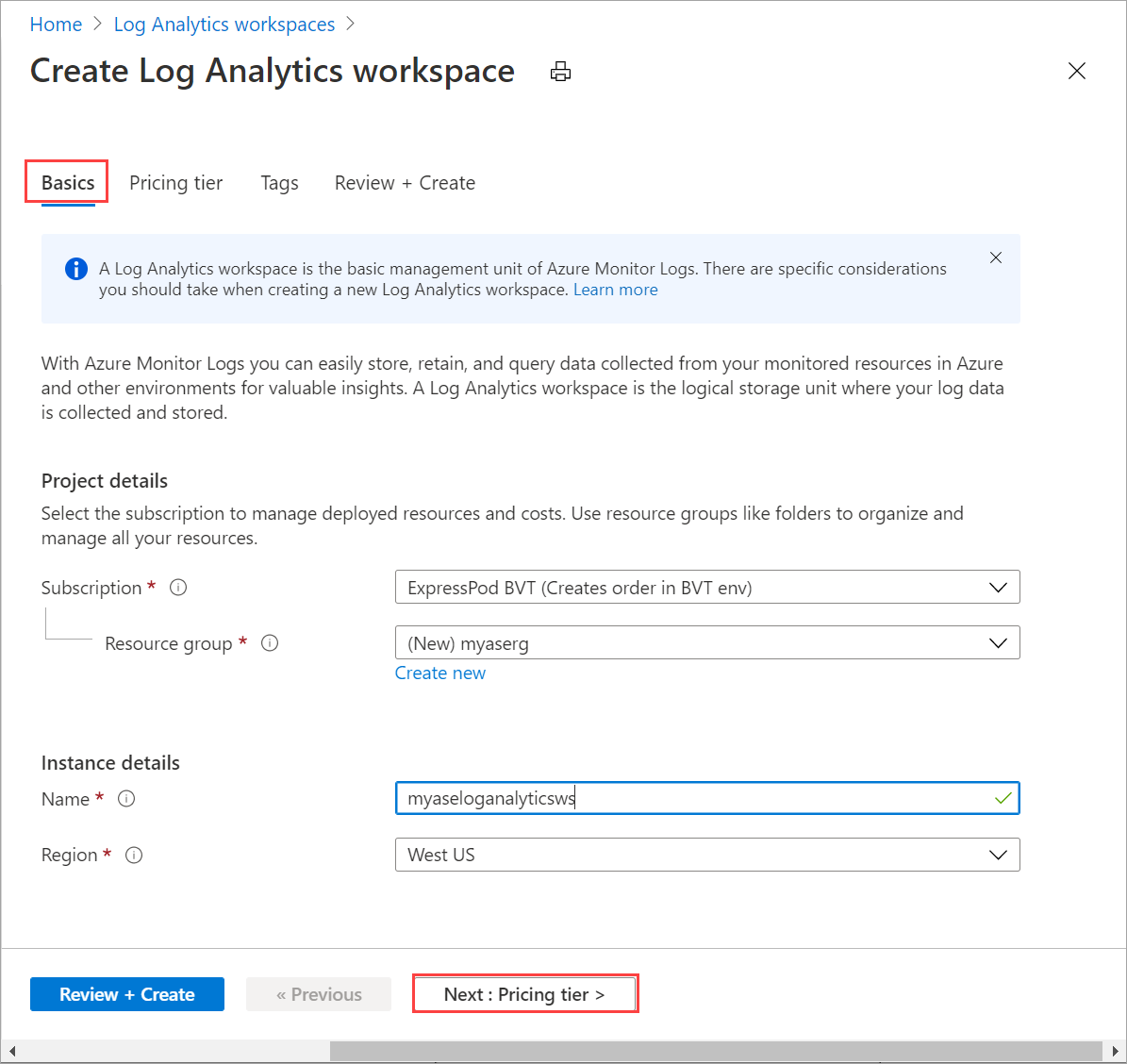 Registerkarte „Grundlagen“ für den Log Analytics-Arbeitsbereich