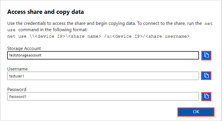 Screenshot des Dialogfelds „Zugriffsfreigabe und Daten kopieren“ auf der lokalen Weboberfläche für eine SMB-Freigabe auf der Data Box. Das Symbol „Kopieren“ für die Optionen „Speicherkonto“ und „Kennwort“ sowie die Schaltfläche „OK“ sind hervorgehoben.