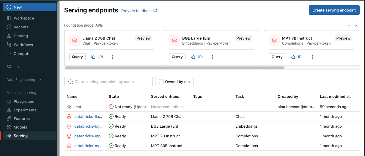 Bereich für die Modellbereitstellung auf der Databricks-Benutzeroberfläche