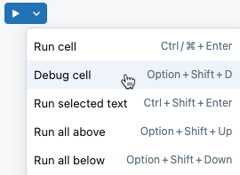 Element „Zelle debuggen“ im Menü zum Ausführen der Zelle