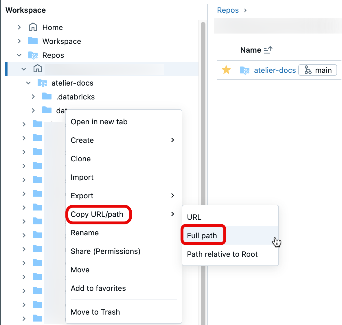 Wählen Sie „URL/Pfad kopieren“ gefolgt von „Vollständiger Pfad“ im Kontextmenü eines Arbeitsbereichsordners aus.