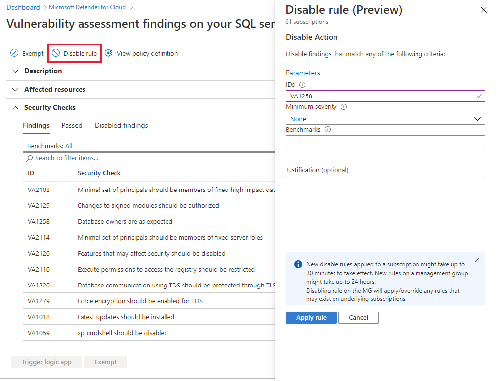 Screenshot der Erstellung einer Deaktivierungsregel für Ergebnisse der Sicherheitsrisikobewertung in SQL Server-Instanzen auf Computern.