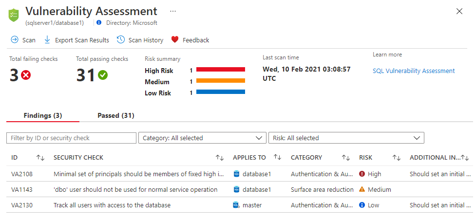 Screenshot mit dem Beispielüberprüfungsbericht aus der SQL-Sicherheitsrisikobewertung.