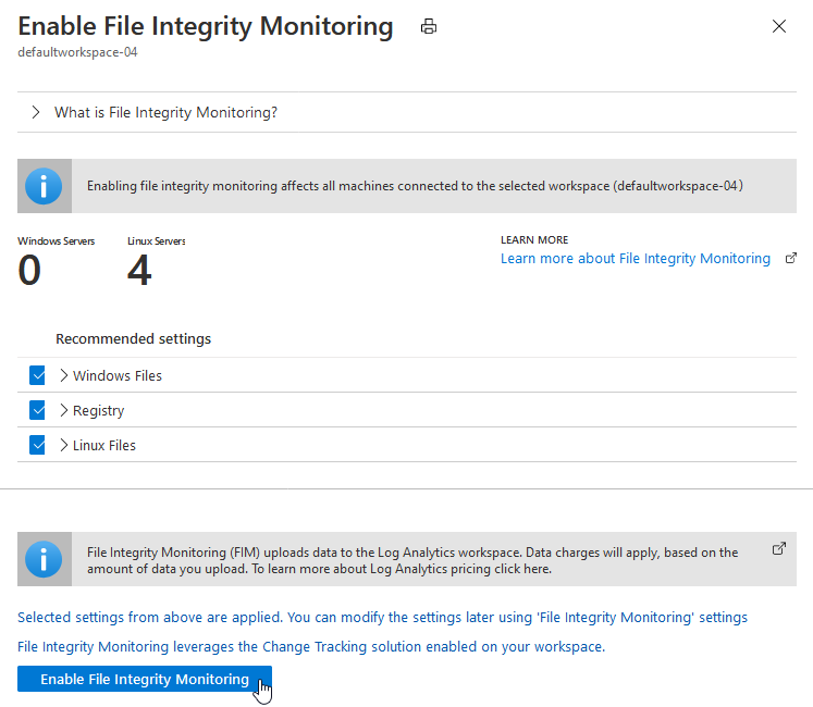 Screenshot: Seite mit den Arbeitsbereichsdetails für die Überwachung der Dateiintegrität.