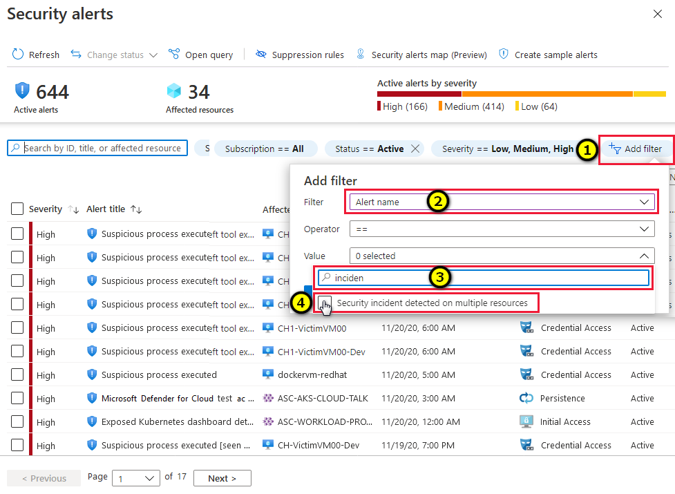 Anzeigen der Incidents auf der Seite „Sicherheitswarnungen“ in Microsoft Defender für Cloud