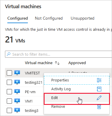 Bearbeiten einer Konfiguration eines JIT-Zugriffs für virtuelle Computer in Microsoft Defender für Cloud.