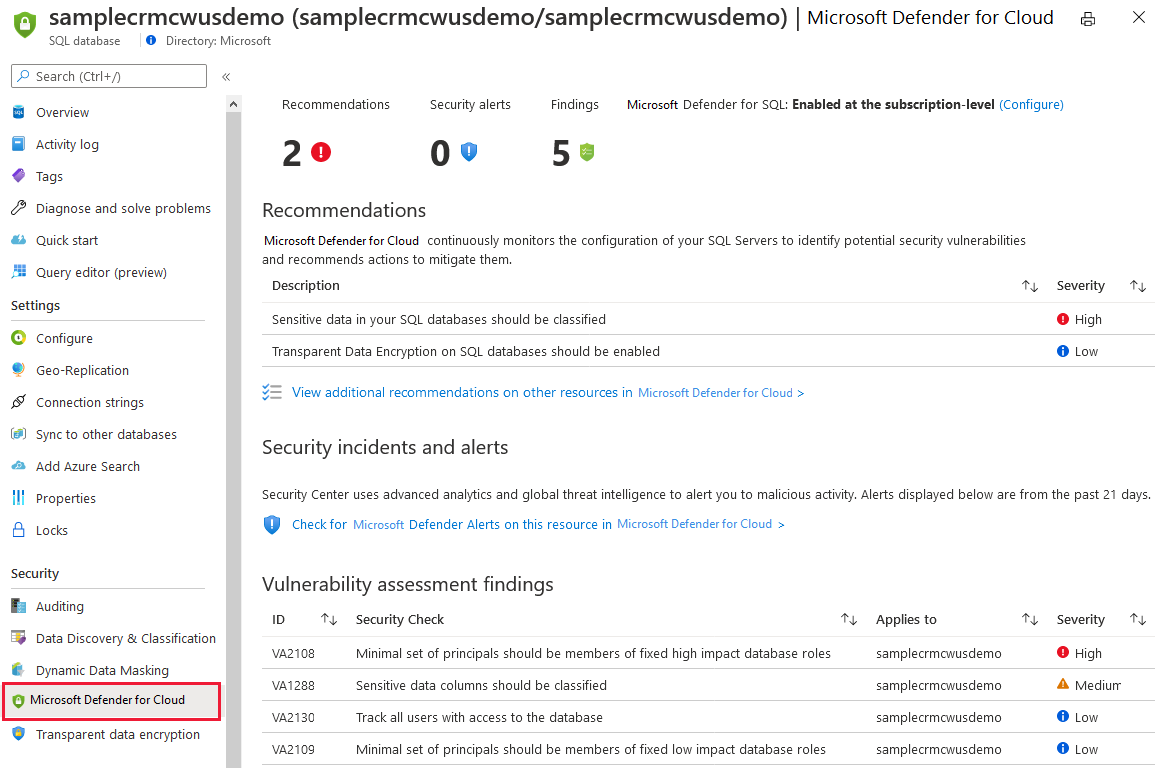 Sicherheitsfunktionen von Azure Security Center für SQL sind in Azure SQL verfügbar